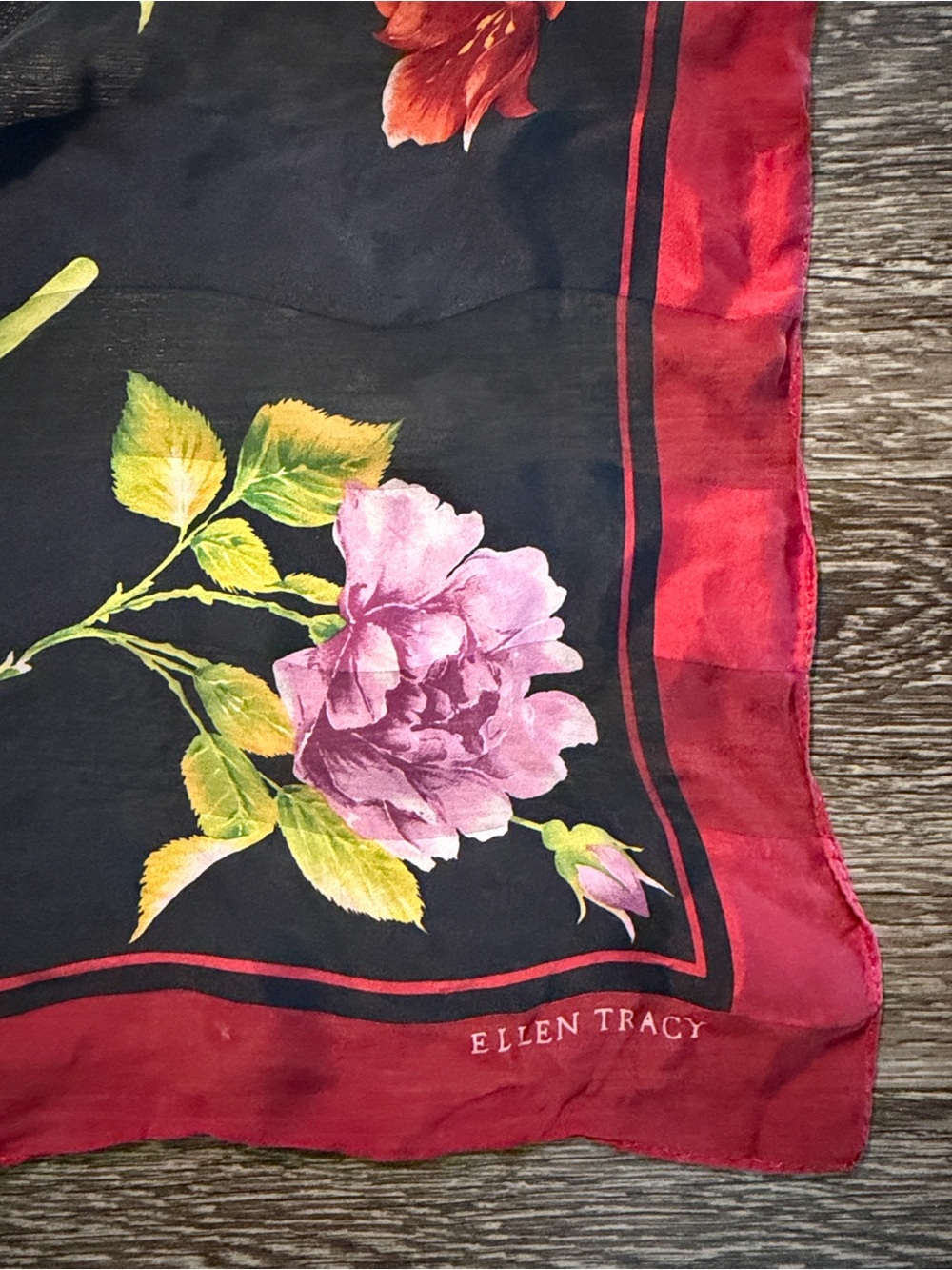 Ellen Tracy Black Silk Scarf with Red Border and Pink Floral Print - Picture 2 of 5